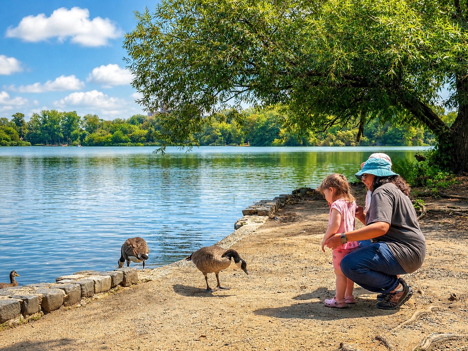 Family enjoying the lake at Prospect Park